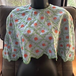 Anthropologie floral embroidered scalloped caplet/ bed jacket